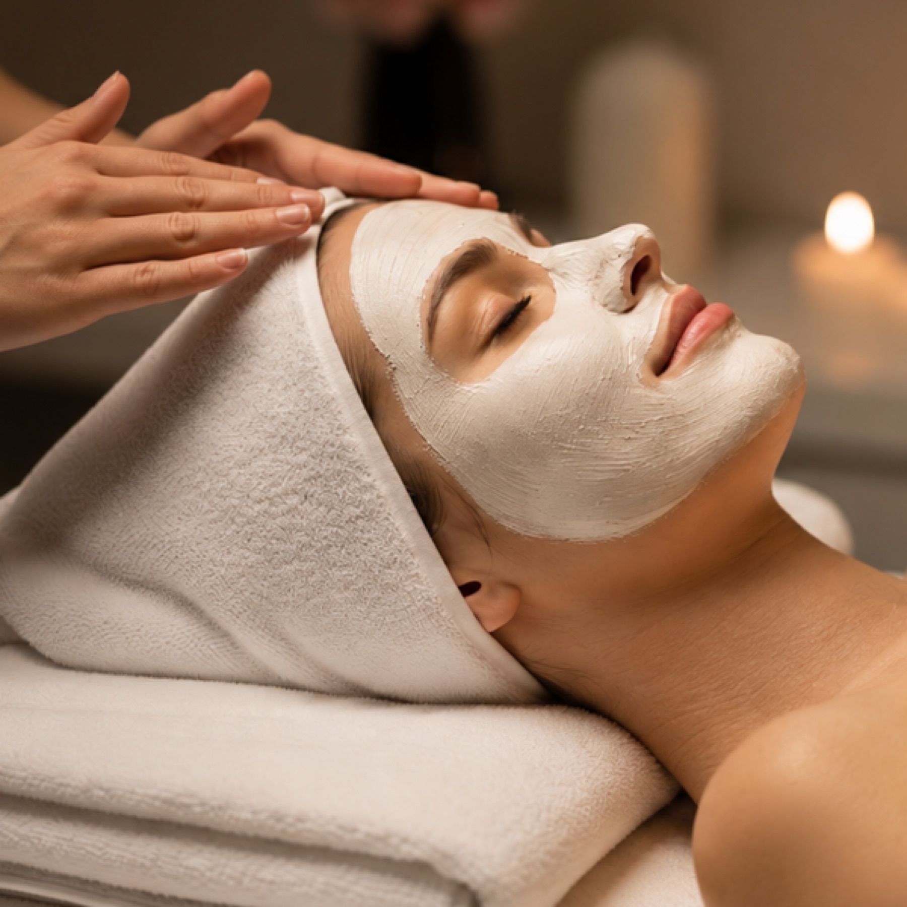 A client receiving a facial mask treatment by candlelight