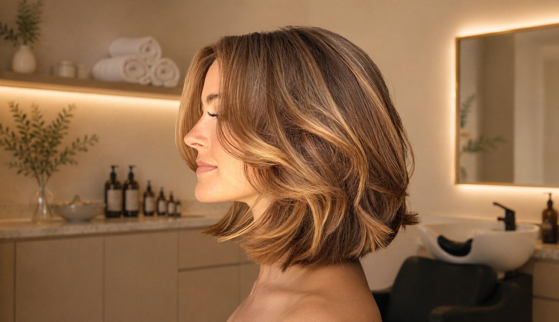 A woman with a fresh blowout in the STĀ salon